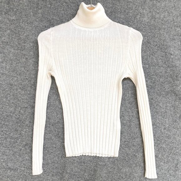 Banana Republic Extra Fine Merino Wool Ribbed Turtleneck Sweater White S Petite - Picture 1 of 7